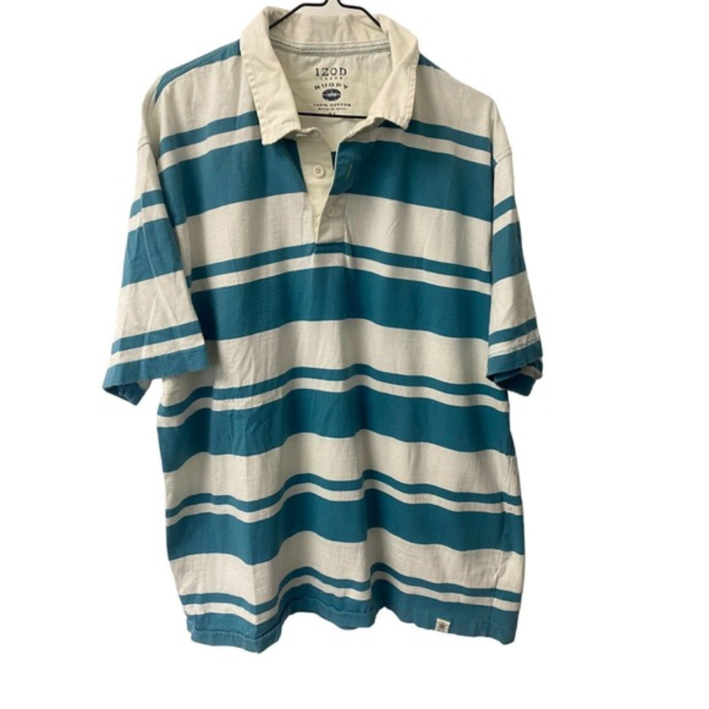 Izod Polo Shirt Men’s XL Teal Cream Striped‎ Short Sleeve Collared 100% Cotton